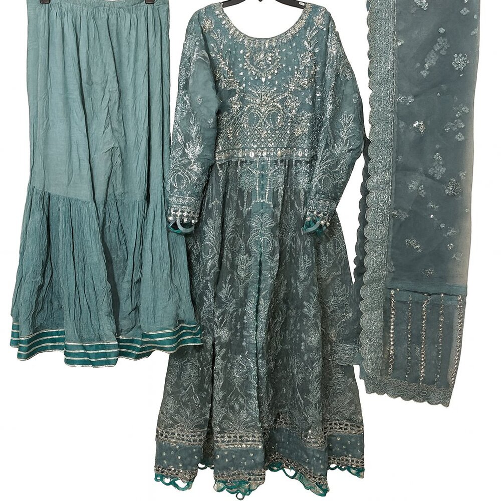 Gulal Brand Teal Embroidered Pakistani Gharar Set with Dupatta 3 PCS